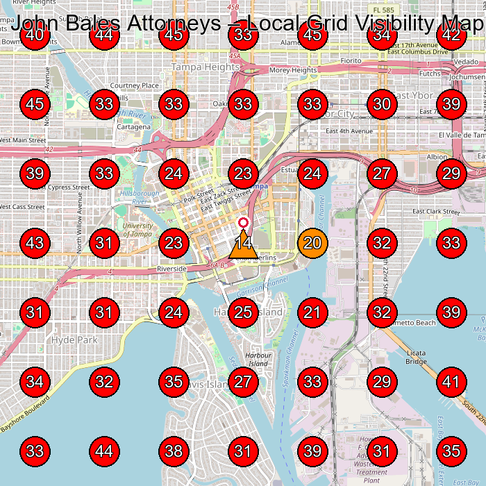 John Bales Attorneys GeoGrid visibility map for Personal Injury Attorney in Tampa